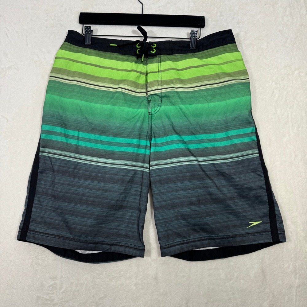 Speedo Board Shorts Mens Large Green Black Striped Swim Trunks Mesh Lined Pocket
